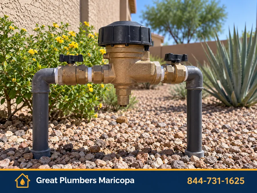 Backflow preventer on an irrigation line in a desert landscaped yard