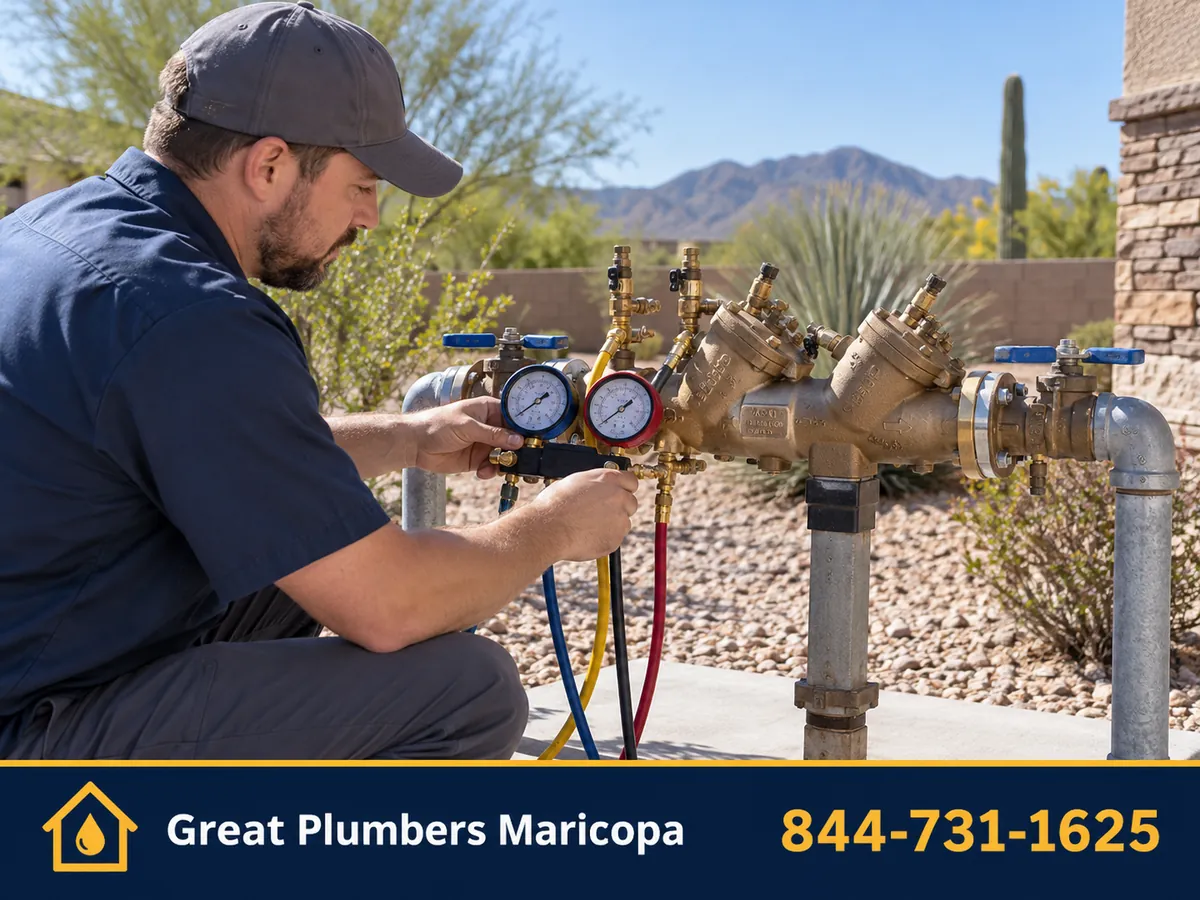 Certified tester testing a backflow preventer assembly with a gauge kit