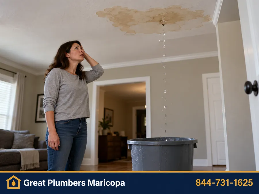 Water damage on a ceiling caused by a burst pipe in a Maricopa home
