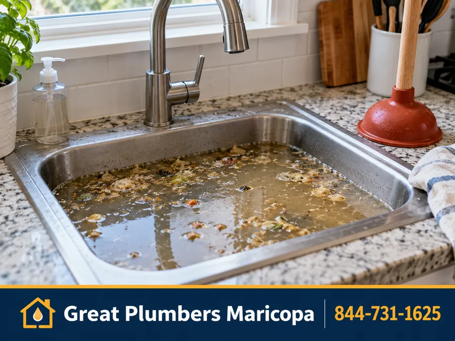 Clogged kitchen sink drain with standing water