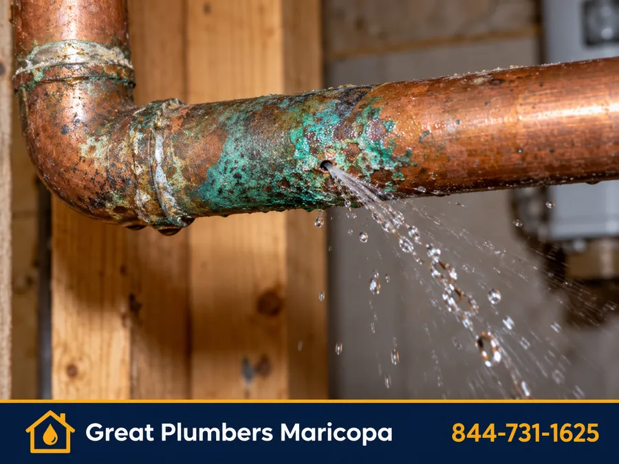 Corroded copper pipe with a pinhole leak