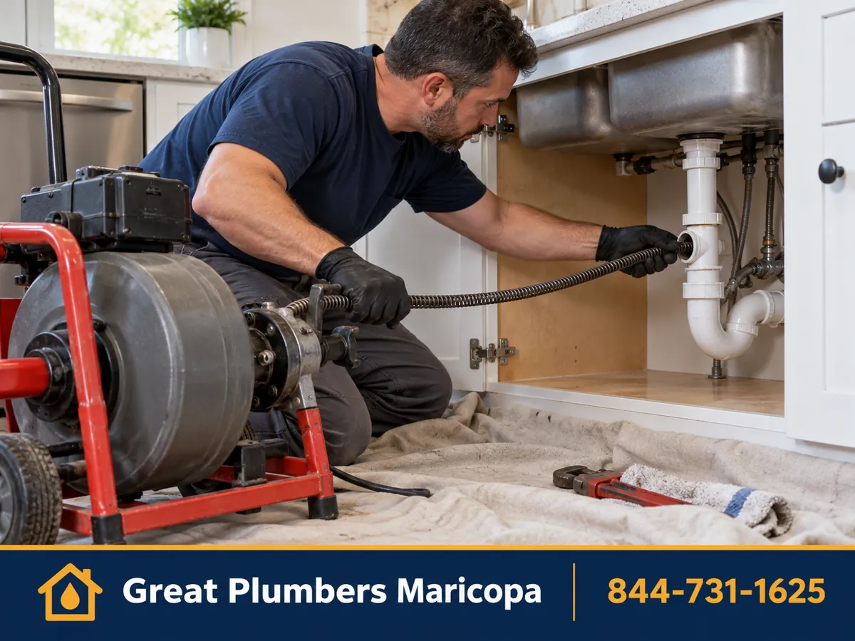 Plumber using a drain snake to clear a clogged drain in a Maricopa, AZ home