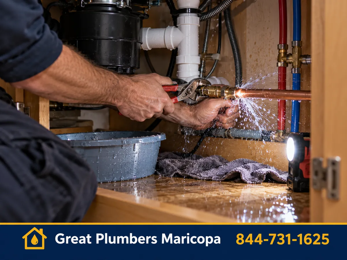 Plumber repairing a burst pipe under a sink during an emergency call in Maricopa, AZ