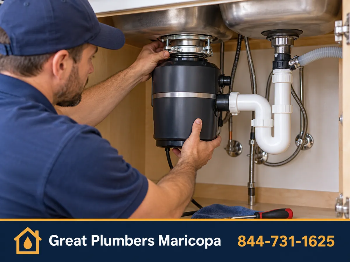 Plumber installing a garbage disposal under a kitchen sink