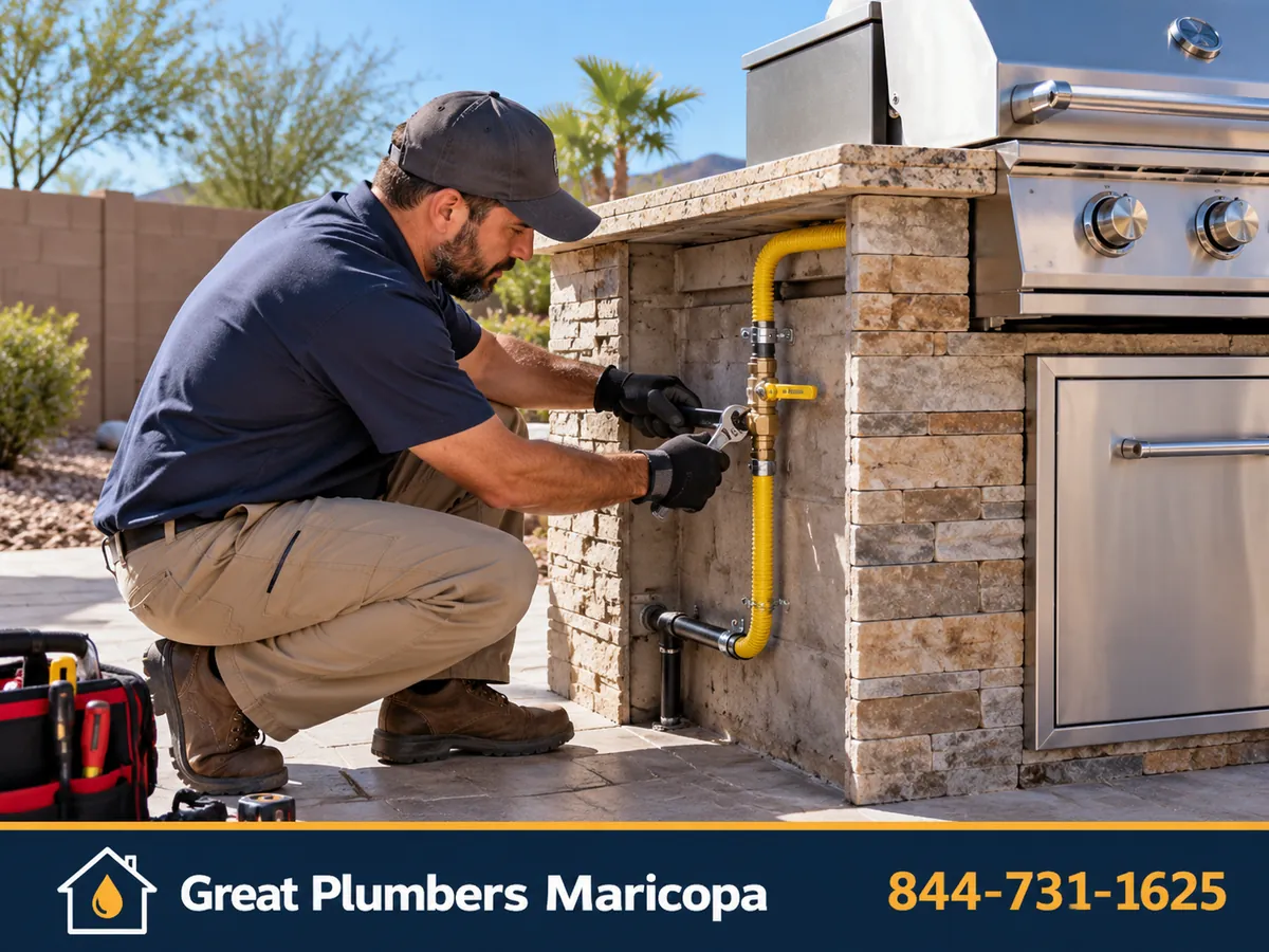 Plumber installing a gas line for an outdoor kitchen in Maricopa, AZ