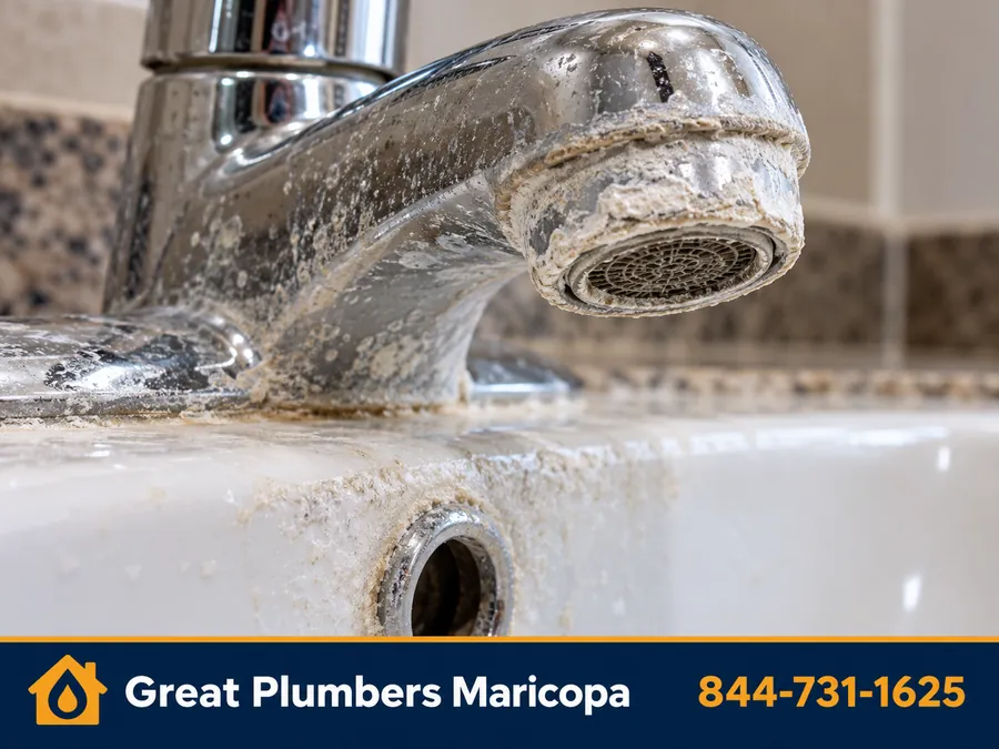 Hard water scale build-up on a kitchen faucet in an Arizona home