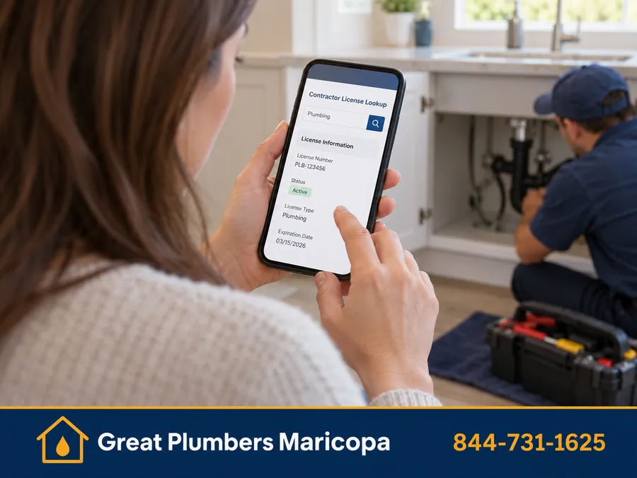 Homeowner verifying a plumber's Arizona contractor license on a phone
