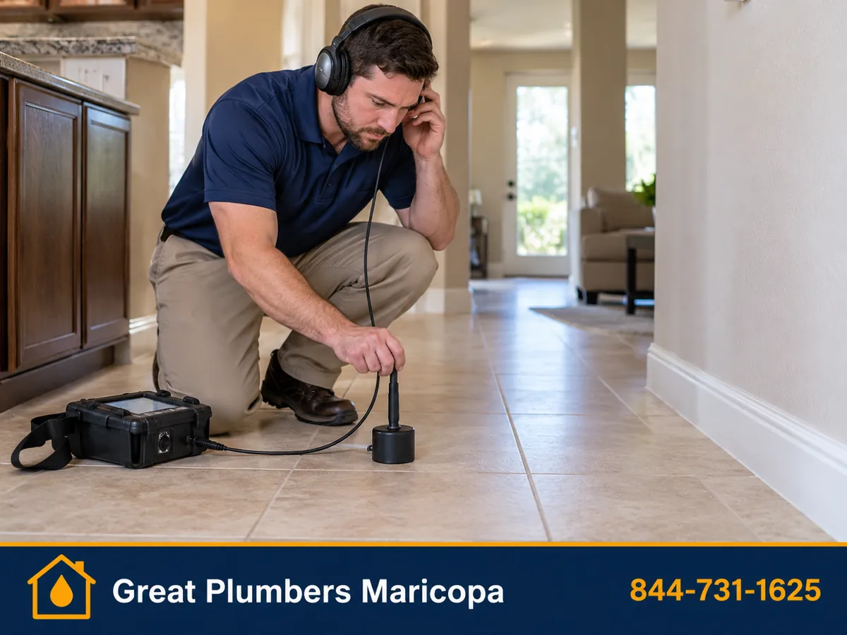Plumber using acoustic leak detection equipment on a tile floor in a Maricopa home