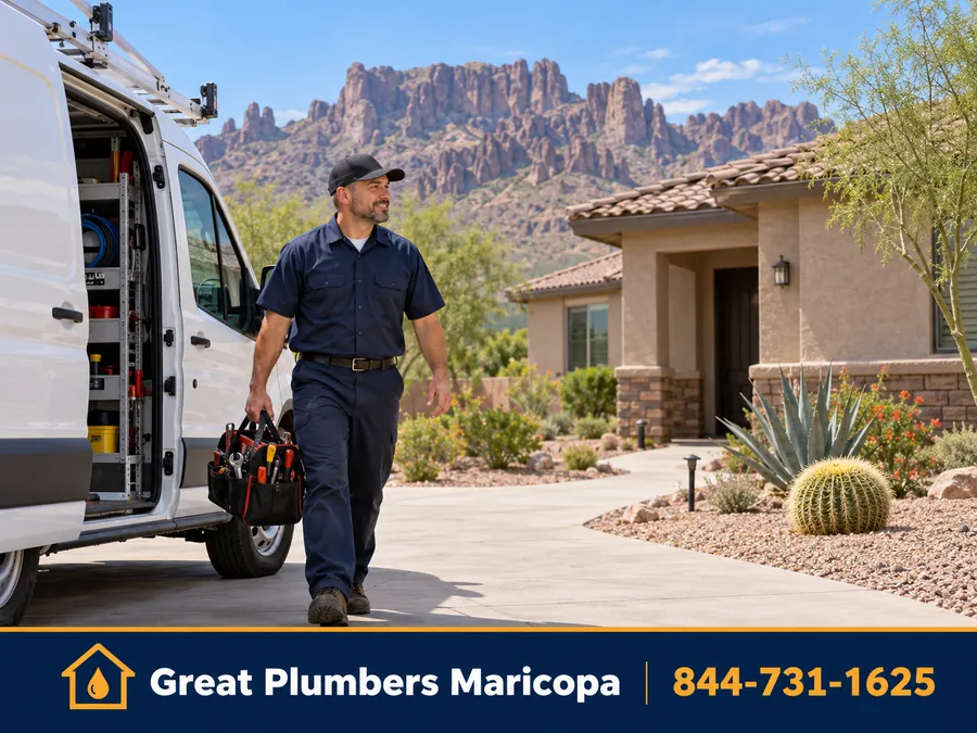 Plumber working at a home near the Superstition Mountains in Apache Junction, AZ