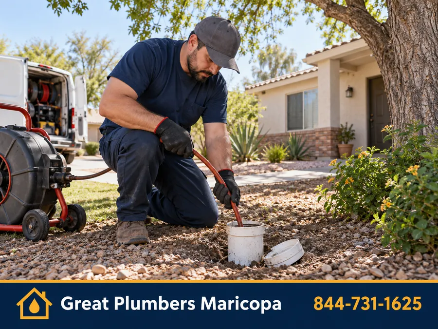 Plumber inspecting a sewer cleanout at a home in Coolidge, AZ