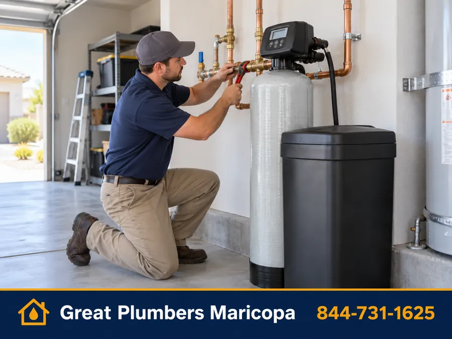 Plumber installing a water softener in a Queen Creek, AZ home