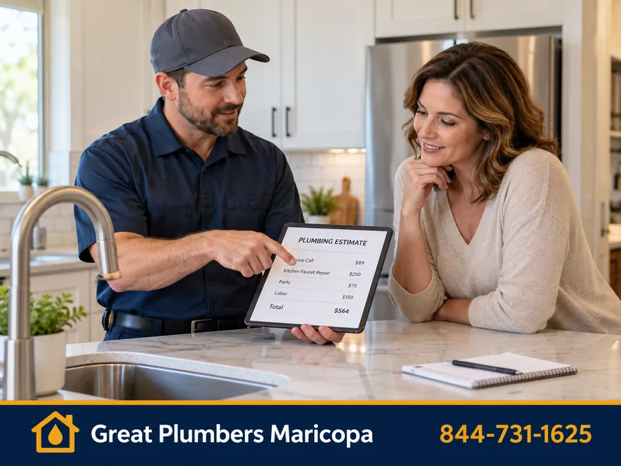 Plumber reviewing a written estimate with a homeowner