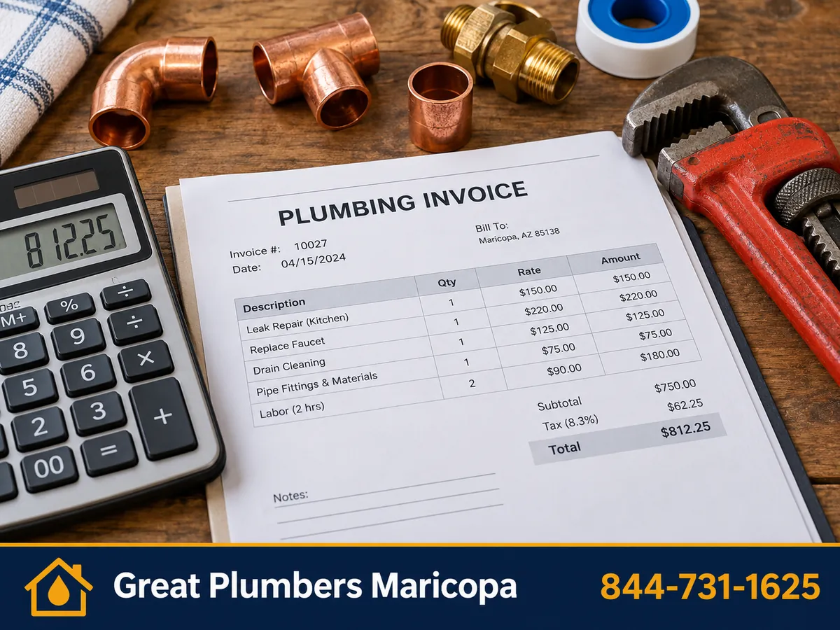 Calculator, invoice and plumbing parts representing plumbing costs in Maricopa