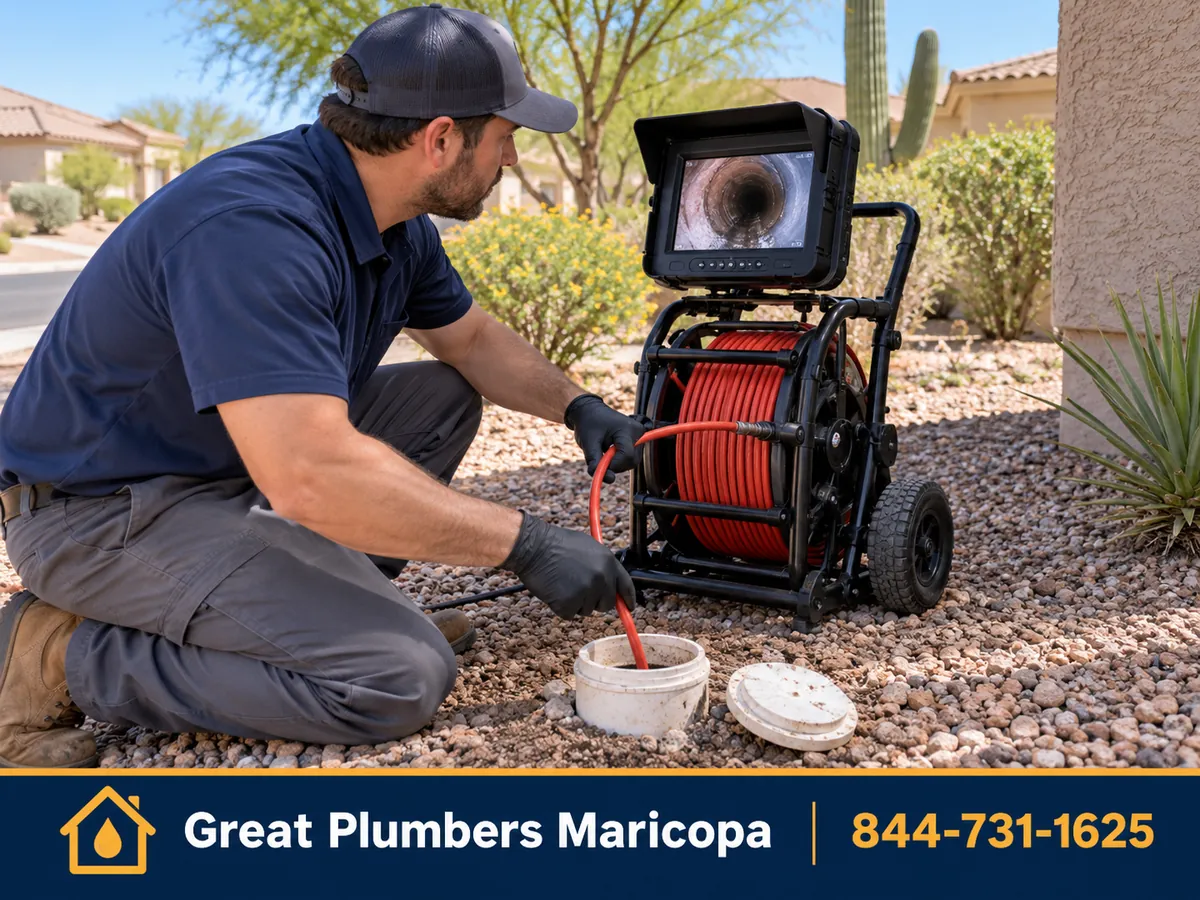 Plumber running a sewer camera inspection through a cleanout in Maricopa, AZ