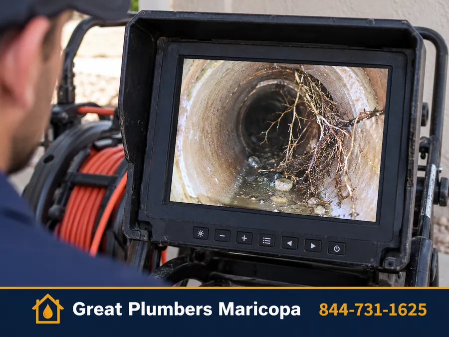 Sewer camera monitor showing tree roots inside a sewer pipe