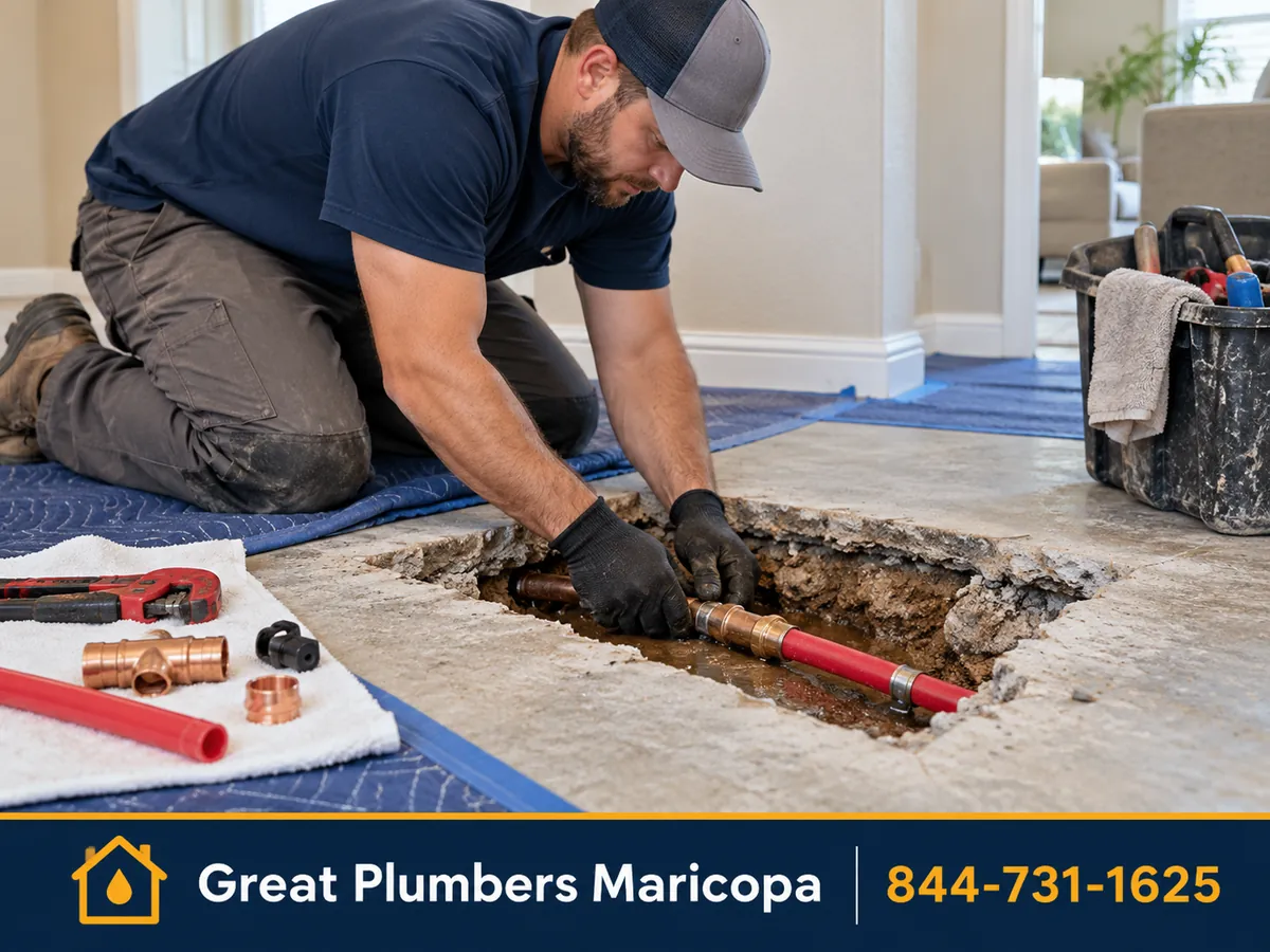 Plumber repairing a slab leak through an opening in a concrete floor