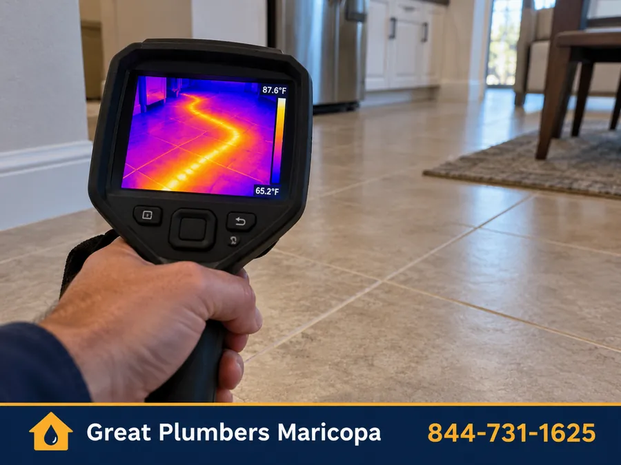 Thermal camera image showing a hot water slab leak under a floor