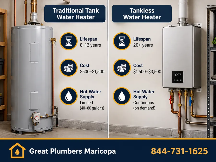 Side-by-side comparison of a tank water heater and a tankless water heater