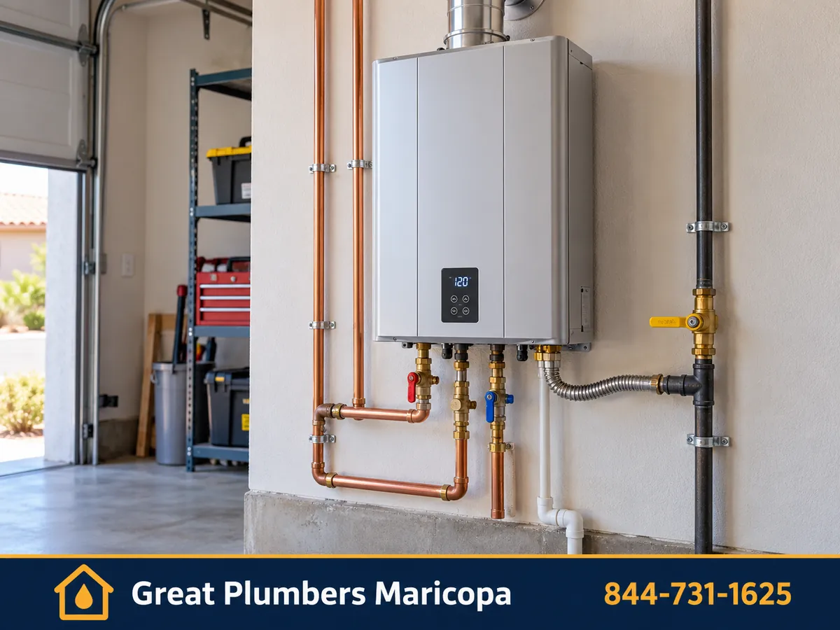 Wall-mounted tankless water heater installed in an Arizona garage