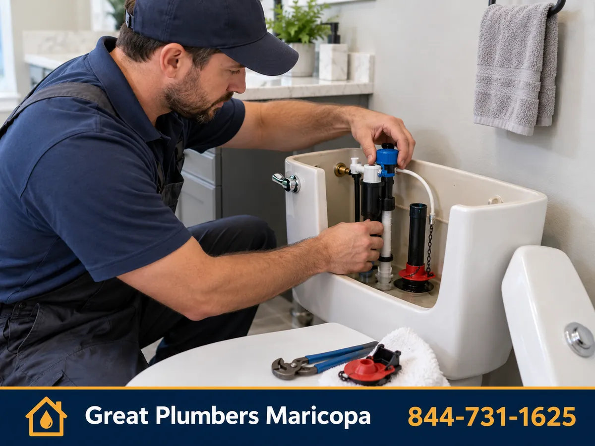 Plumber repairing a toilet fill valve in a Maricopa, AZ bathroom