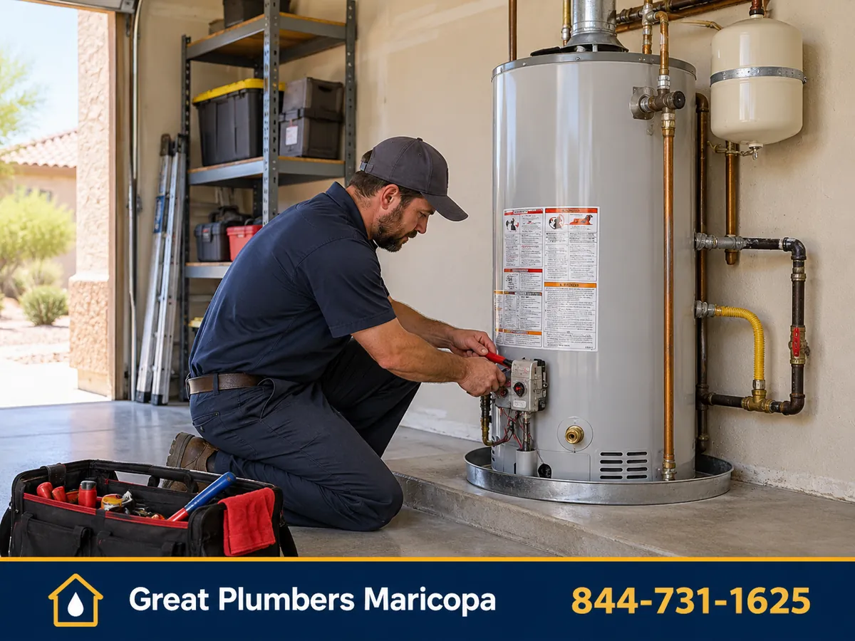 Plumber servicing a gas tank water heater in a Maricopa, AZ garage