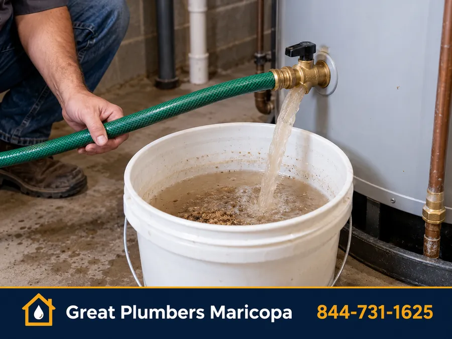 Plumber flushing sediment from a water heater tank drain valve