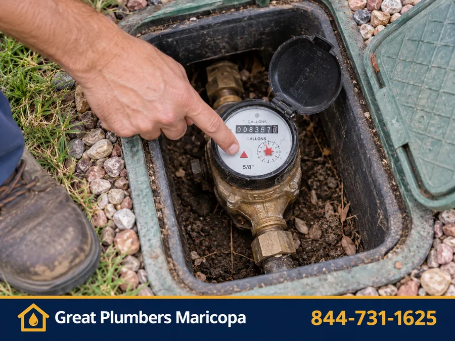 Homeowner checking a water meter for a leak indicator