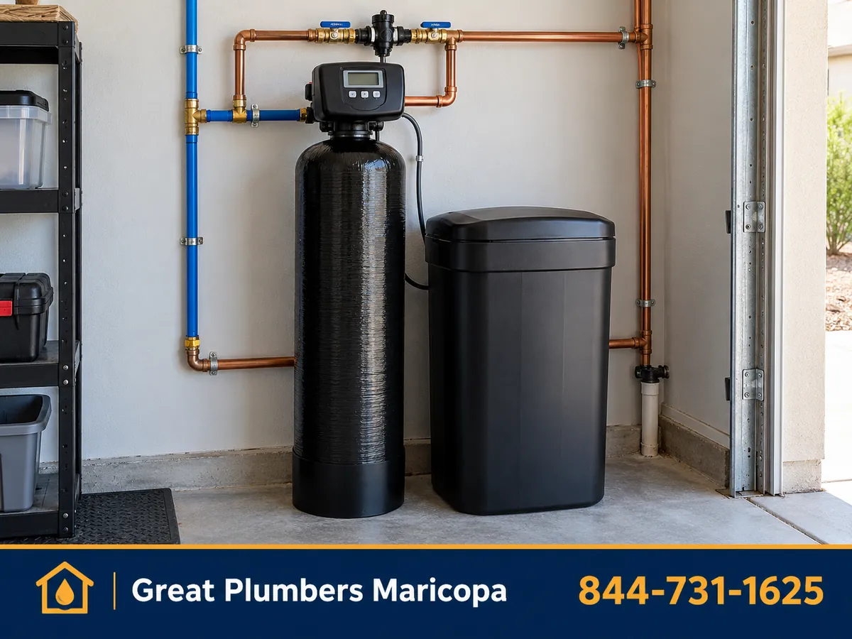 Water softener and brine tank installed in a Maricopa, AZ garage